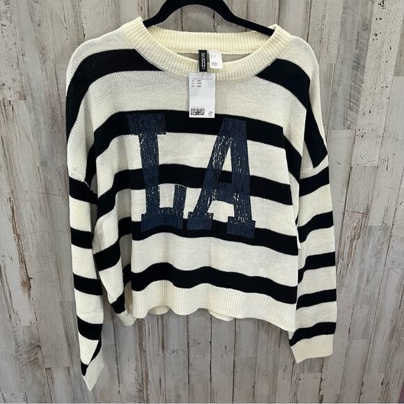 NWT H&M+ Motif-front Sweater Cream Stripe “LA” - Picture 1 of 6